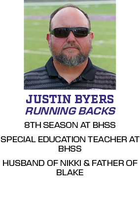 8TH SEASON AT BHSS SPECIAL EDUCATION TEACHER AT BHSS HUSBAND OF NIKKI & FATHER OF BLAKE,RUNNING BACKS,JUSTIN BYER
