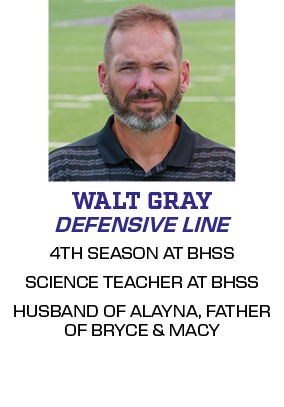 4TH SEASON AT BHSS SCIENCE TEACHER AT BHSS HUSBAND OF ALAYNA, FATHER OF BRYCE & MACY,DEFENSIVE LINE,WALT GRA