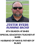 8TH SEASON AT BHSS SPECIAL EDUCATION TEACHER AT BHSS HUSBAND OF NIKKI & FATHER OF BLAKE,RUNNING BACKS,JUSTIN BYER