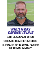 4TH SEASON AT BHSS SCIENCE TEACHER AT BHSS HUSBAND OF ALAYNA, FATHER OF BRYCE & MACY,DEFENSIVE LINE,WALT GRA