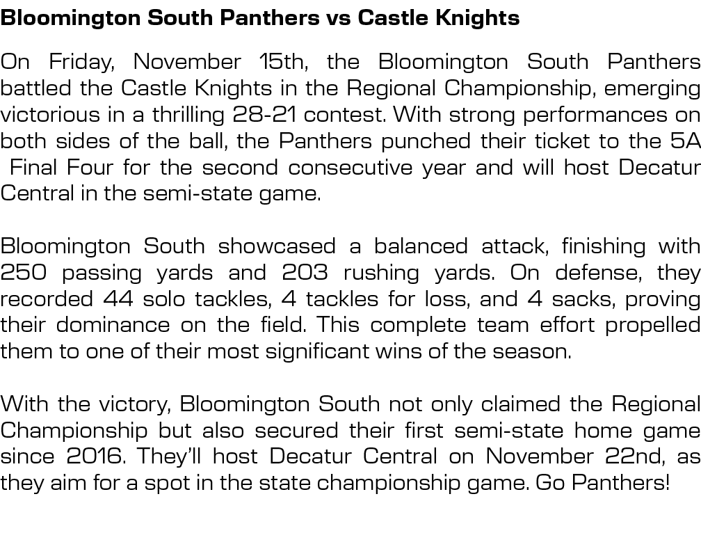 Bloomington South Panthers vs Castle Knights,On Friday, November 15th, the Bloomington South Panthers battled the Cas...