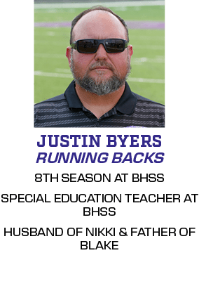 8TH SEASON AT BHSS SPECIAL EDUCATION TEACHER AT BHSS HUSBAND OF NIKKI & FATHER OF BLAKE,RUNNING BACKS,JUSTIN BYER