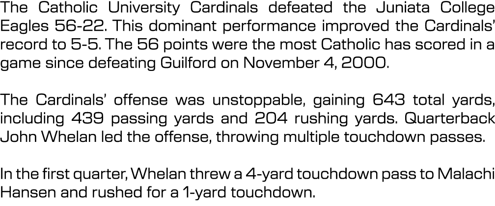 The Catholic University Cardinals defeated the Juniata College Eagles 56 22. This dominant performance improved the C...