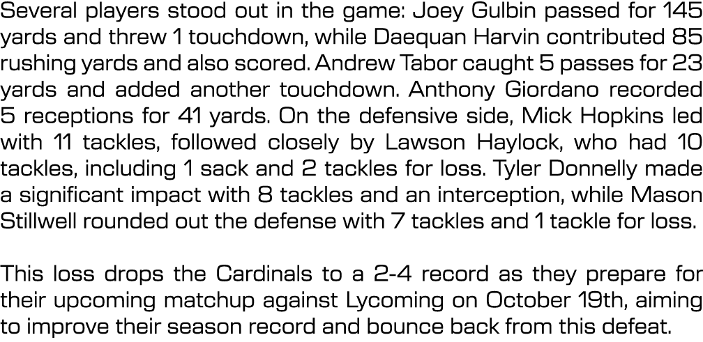 Several players stood out in the game: Joey Gulbin passed for 145 yards and threw 1 touchdown, while Daequan Harvin c...