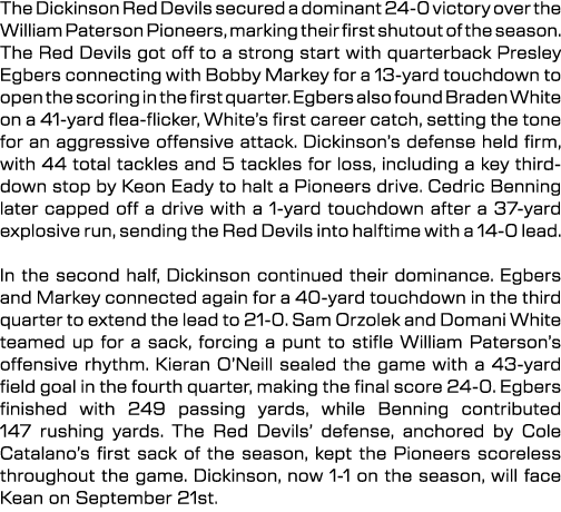 The Dickinson Red Devils secured a dominant 24 0 victory over the William Paterson Pioneers, marking their first shut...