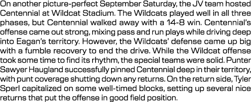 On another picture perfect September Saturday, the JV team hosted Centennial at Wildcat Stadium. The Wildcats played ...