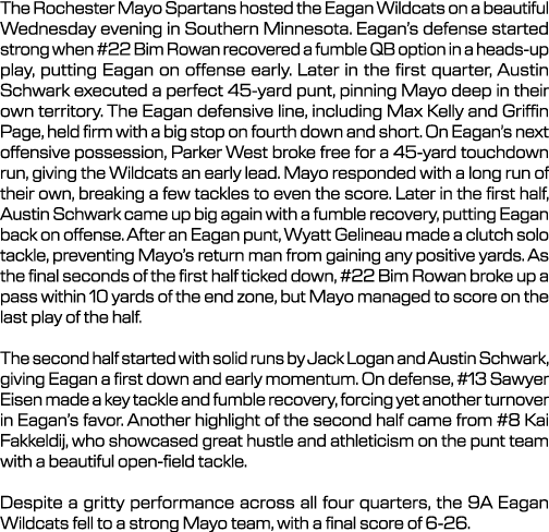 The Rochester Mayo Spartans hosted the Eagan Wildcats on a beautiful Wednesday evening in Southern Minnesota. Eagan’s...