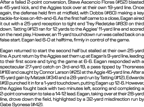 After a failed 2 point conversion, Steve Ascencio Flores (#52) blasted a 45 yard kick, and the Aggies took over at th...