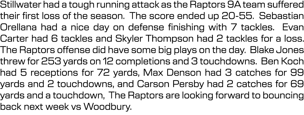 Stillwater had a tough running attack as the Raptors 9A team suffered their first loss of the season. The score ended...