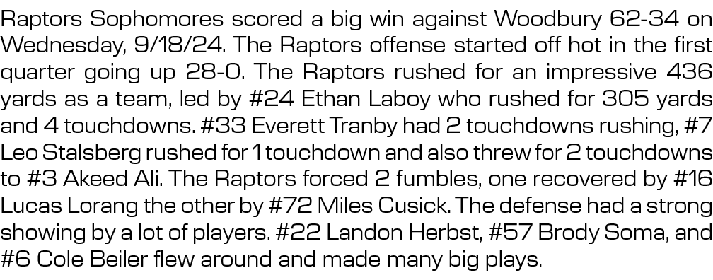 Raptors Sophomores scored a big win against Woodbury 62 34 on Wednesday, 9/18/24. The Raptors offense started off hot...