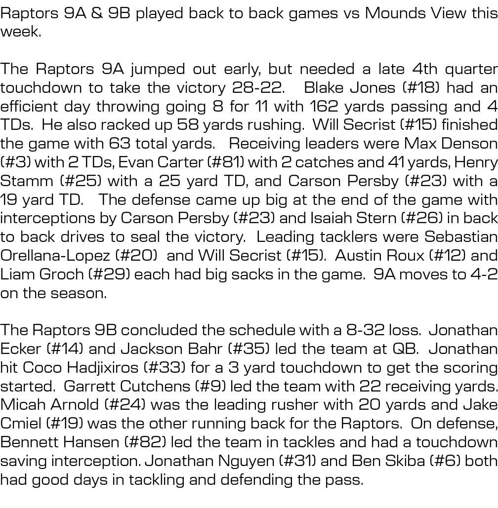 Raptors 9A & 9B played back to back games vs Mounds View this week. The Raptors 9A jumped out early, but needed a lat...