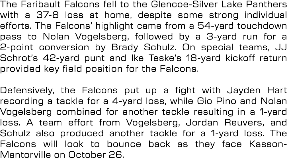 The Faribault Falcons fell to the Glencoe Silver Lake Panthers with a 37 8 loss at home, despite some strong individu...