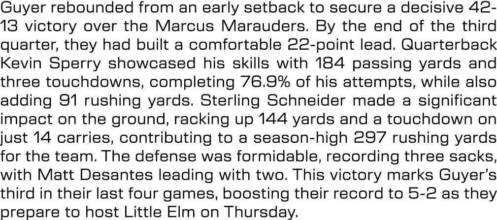 Guyer rebounded from an early setback to secure a decisive 42 13 victory over the Marcus Marauders. By the end of the...