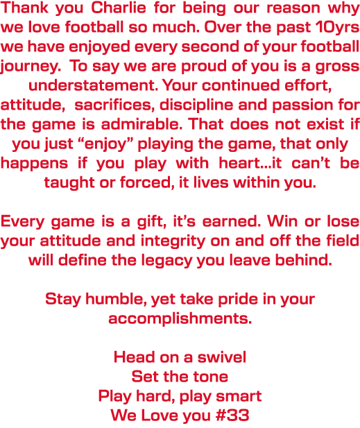 Thank you Charlie for being our reason why we love football so much. Over the past 10yrs we have enjoyed every second...