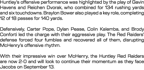 Huntley’s offensive performance was highlighted by the play of Gavin Havens and Reichen Dvorak, who combined for 134 ...