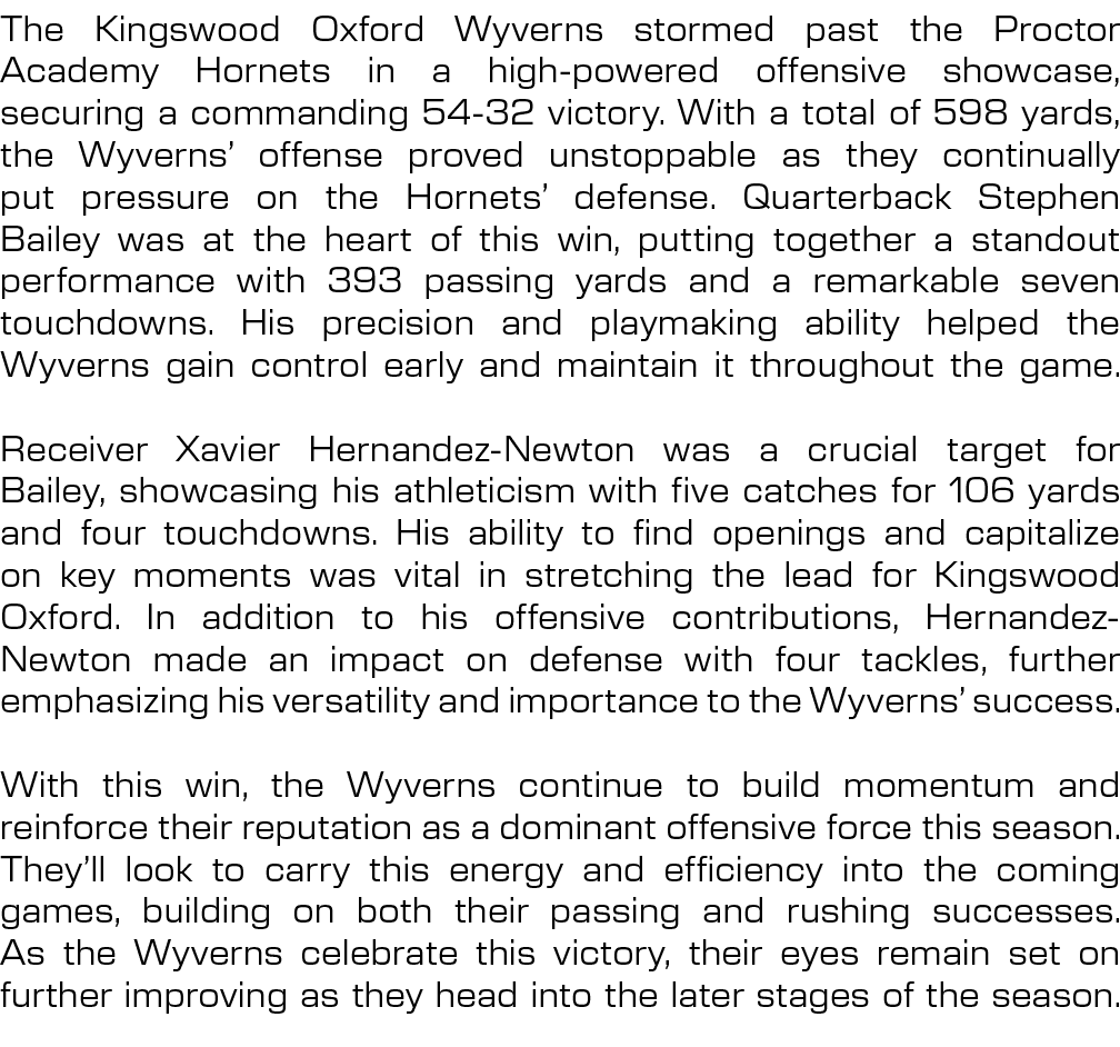 The Kingswood Oxford Wyverns stormed past the Proctor Academy Hornets in a high powered offensive showcase, securing ...