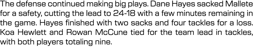 The defense continued making big plays. Dane Hayes sacked Mallete for a safety, cutting the lead to 24-18 with a few ...