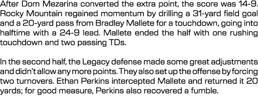 After Dom Mezarina converted the extra point, the score was 14-9. Rocky Mountain regained momentum by drilling a 31-y...