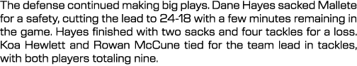 The defense continued making big plays. Dane Hayes sacked Mallete for a safety, cutting the lead to 24-18 with a few ...