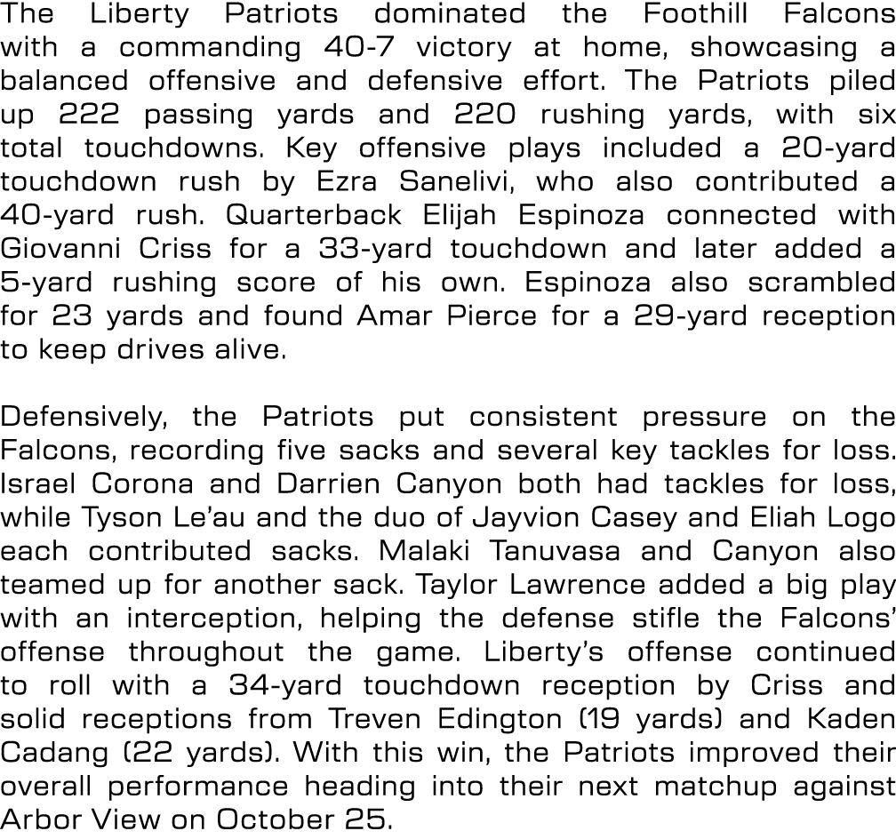 The Liberty Patriots dominated the Foothill Falcons with a commanding 40 7 victory at home, showcasing a balanced off...