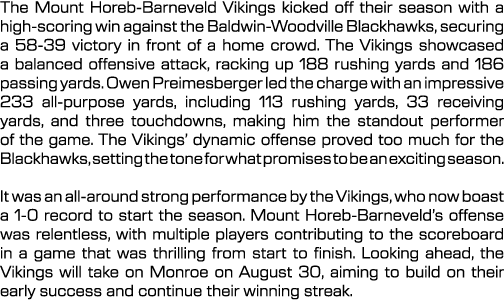 The Mount Horeb Barneveld Vikings kicked off their season with a high scoring win against the Baldwin Woodville Black...