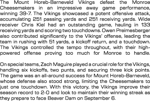 The Mount Horeb Barneveld Vikings defeat the Monroe Cheesemakers in an impressive away game performance, winning 39 7...