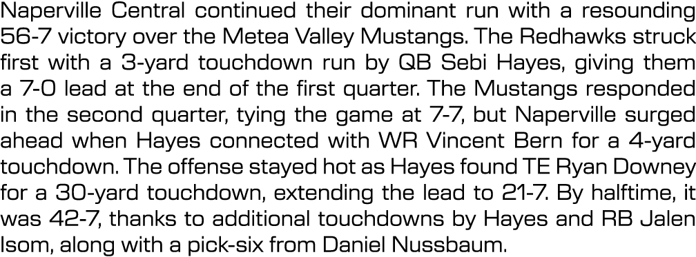 Naperville Central continued their dominant run with a resounding 56 7 victory over the Metea Valley Mustangs. The Re...