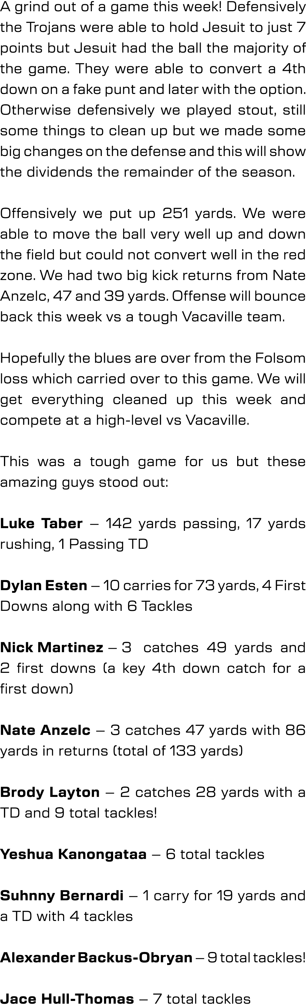 A grind out of a game this week! Defensively the Trojans were able to hold Jesuit to just 7 points but Jesuit had the...