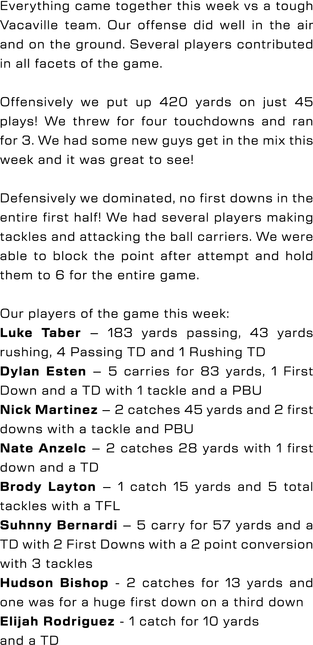 Everything came together this week vs a tough Vacaville team. Our offense did well in the air and on the ground. Seve...