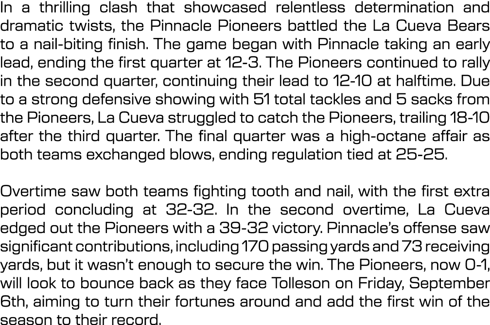 In a thrilling clash that showcased relentless determination and dramatic twists, the Pinnacle Pioneers battled the L...