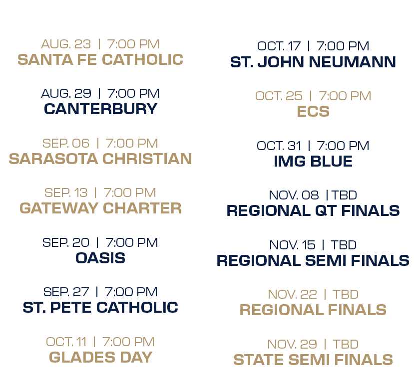  oct. 17 | 7:00 PM st. john neumann oct. 25 | 7:00 PM ecs oct. 31 | 7:00 PM img blue nov. 08 | tbd regional qt finals...