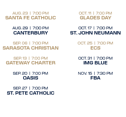  oct. 11 | 7:00 PM glades day oct. 17 | 7:00 PM st. john neumann oct. 25 | 7:00 PM ecs oct. 31 | 7:00 PM img blue nov...