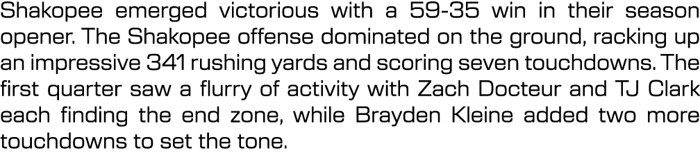 Shakopee emerged victorious with a 59 35 win in their season opener. The Shakopee offense dominated on the ground, ra...