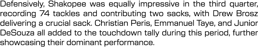 Defensively, Shakopee was equally impressive in the third quarter, recording 74 tackles and contributing two sacks, w...