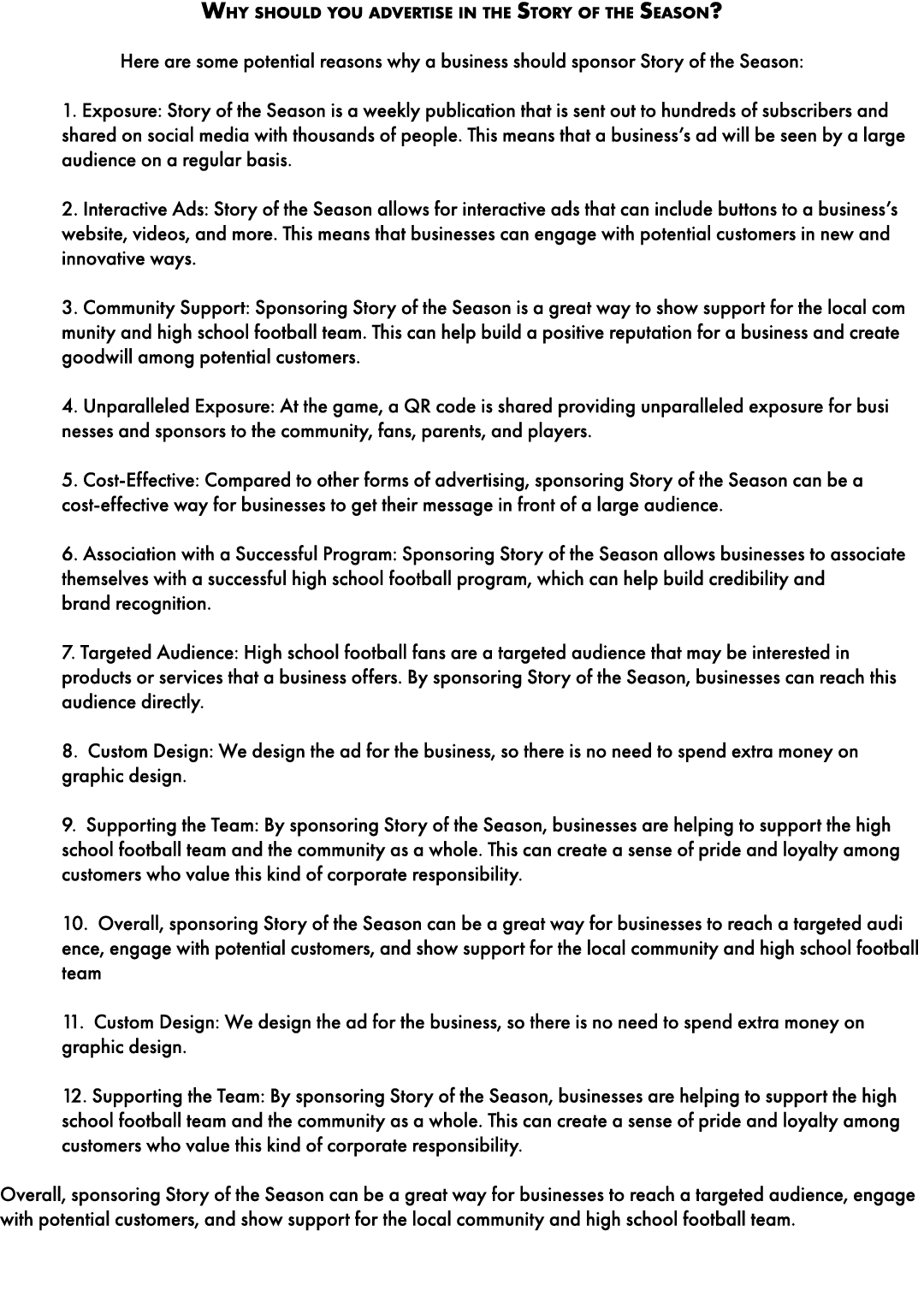 Why should you advertise in the Story of the Season? Here are some potential reasons why a business should sponsor St...
