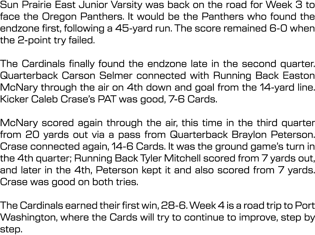 Sun Prairie East Junior Varsity was back on the road for Week 3 to face the Oregon Panthers. It would be the Panthers...