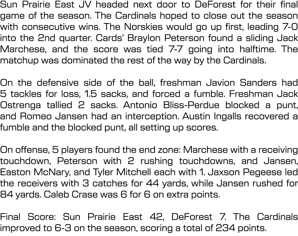 Sun Prairie East JV headed next door to DeForest for their final game of the season. The Cardinals hoped to close out...