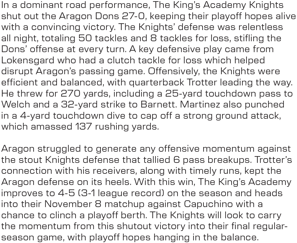In a dominant road performance, The King’s Academy Knights shut out the Aragon Dons 27 0, keeping their playoff hopes...