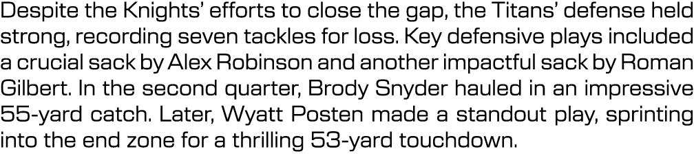 Despite the Knights’ efforts to close the gap, the Titans’ defense held strong, recording seven tackles for loss. Key...