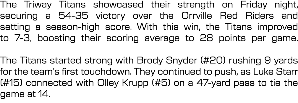 The Triway Titans showcased their strength on Friday night, securing a 54 35 victory over the Orrville Red Riders and...