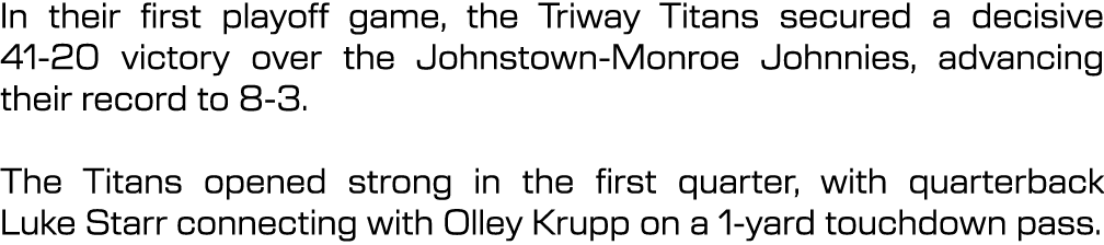 In their first playoff game, the Triway Titans secured a decisive 41 20 victory over the Johnstown Monroe Johnnies, a...