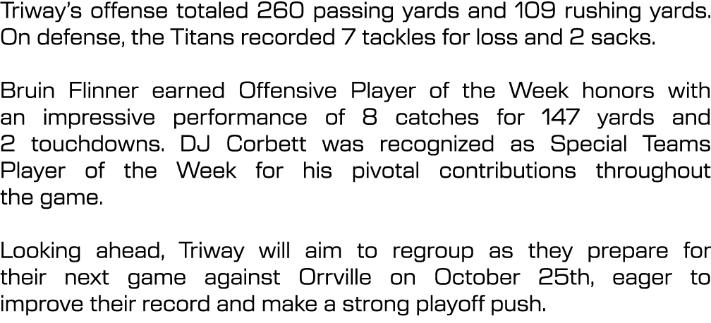 Triway’s offense totaled 260 passing yards and 109 rushing yards. On defense, the Titans recorded 7 tackles for loss ...