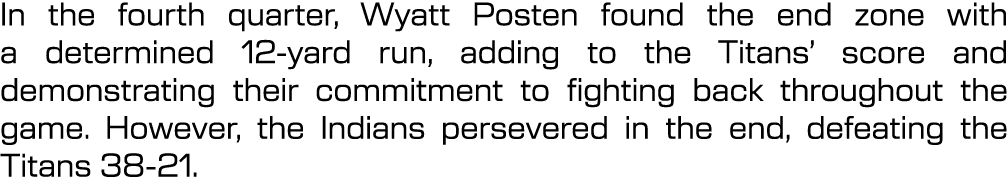 In the fourth quarter, Wyatt Posten found the end zone with a determined 12 yard run, adding to the Titans’ score and...