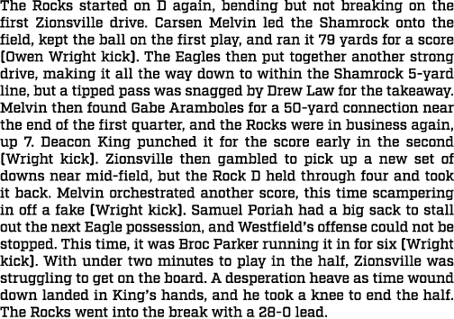 The Rocks started on D again, bending but not breaking on the first Zionsville drive. Carsen Melvin led the Shamrock ...