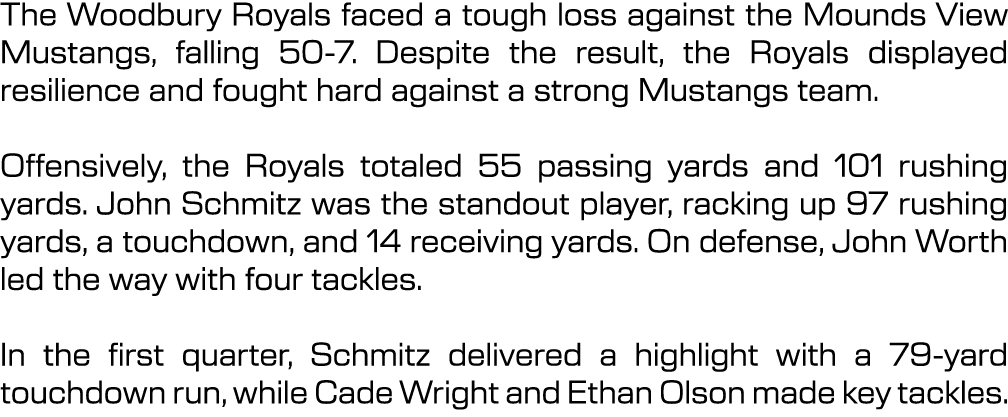 The Woodbury Royals faced a tough loss against the Mounds View Mustangs, falling 50 7. Despite the result, the Royals...