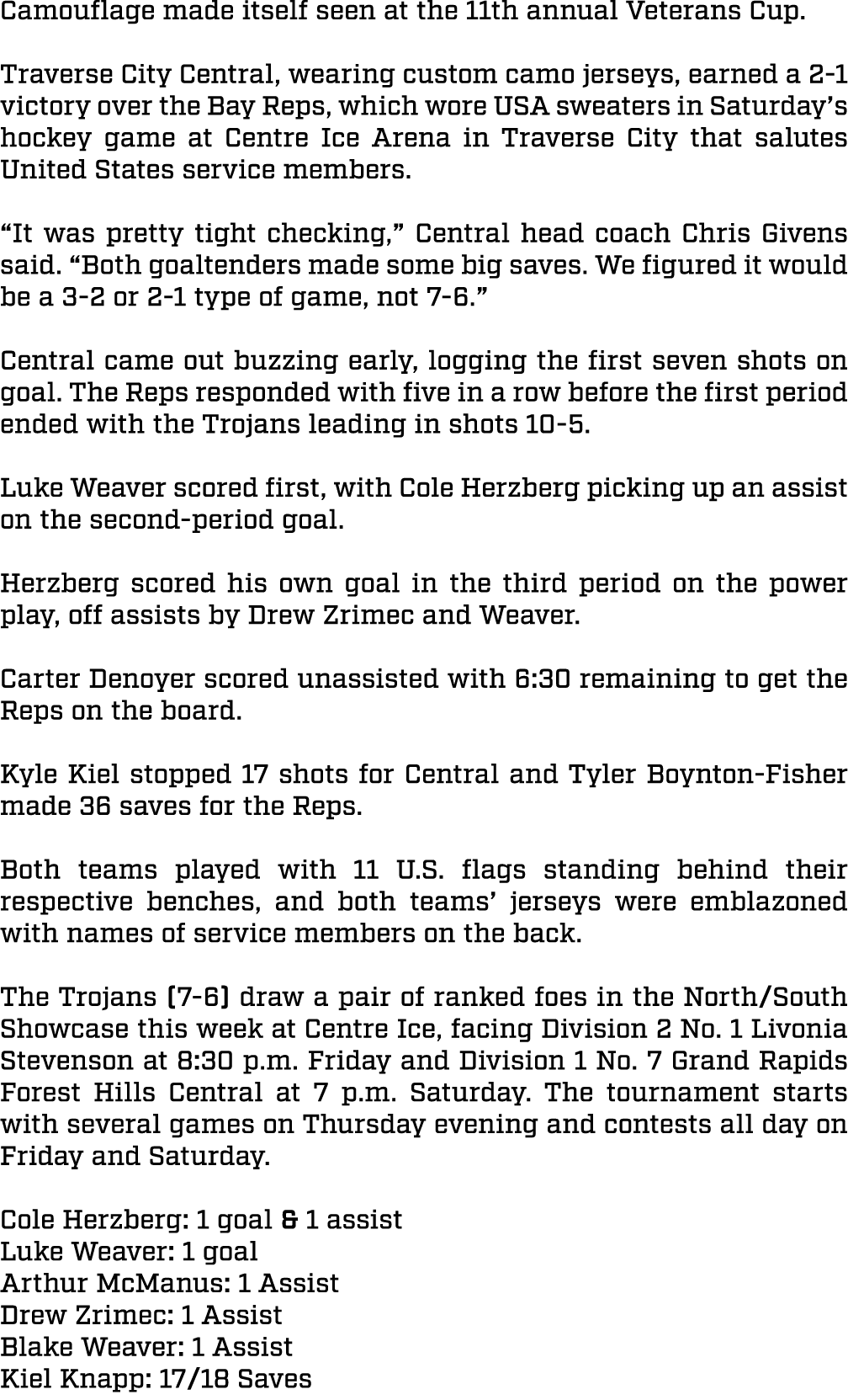 Camouflage made itself seen at the 11th annual Veterans Cup. Traverse City Central, wearing custom camo jerseys, earn...