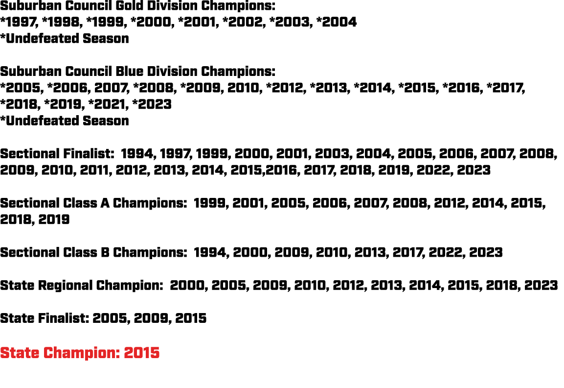 Suburban Council Gold Division Champions: *1997, *1998, *1999, *2000, *2001, *2002, *2003, *2004 *Undefeated Season S...