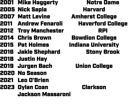 2001 Mike Haggerty Notre Dame 2005 Nick Sapia Harvard 2007 Matt Levine Amherst College 2011 Andrew Fenaroli Haverford...