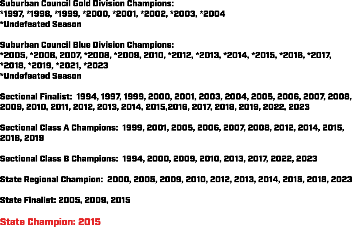Suburban Council Gold Division Champions: *1997, *1998, *1999, *2000, *2001, *2002, *2003, *2004 *Undefeated Season S...