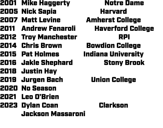 2001 Mike Haggerty Notre Dame 2005 Nick Sapia Harvard 2007 Matt Levine Amherst College 2011 Andrew Fenaroli Haverford...